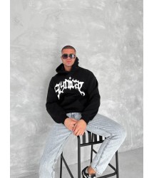 Unisex Üç İplik Kapşonlu Baskılı SweatShirt - Siyah