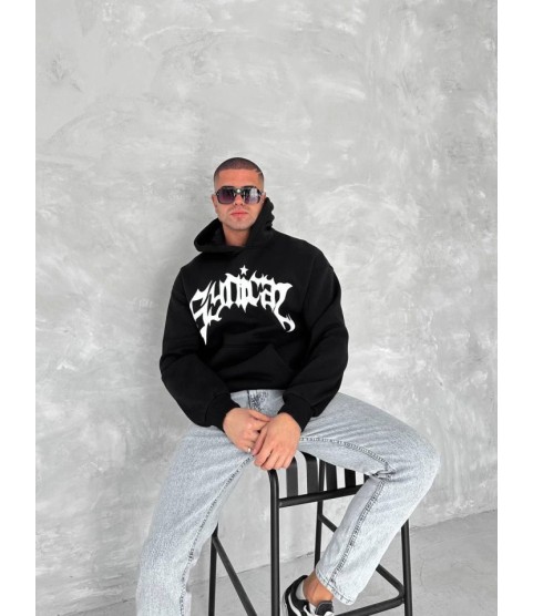 Unisex Üç İplik Kapşonlu Baskılı SweatShirt - Siyah