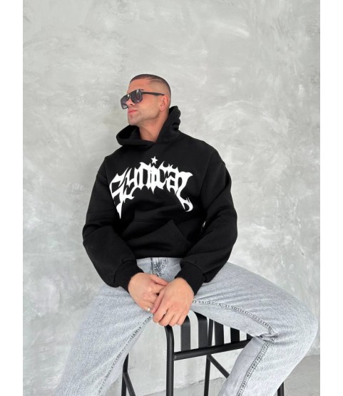Unisex Üç İplik Kapşonlu Baskılı SweatShirt - Siyah
