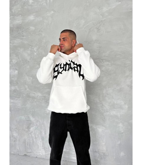 Unisex Üç İplik Kapşonlu Baskılı SweatShirt - Beyaz