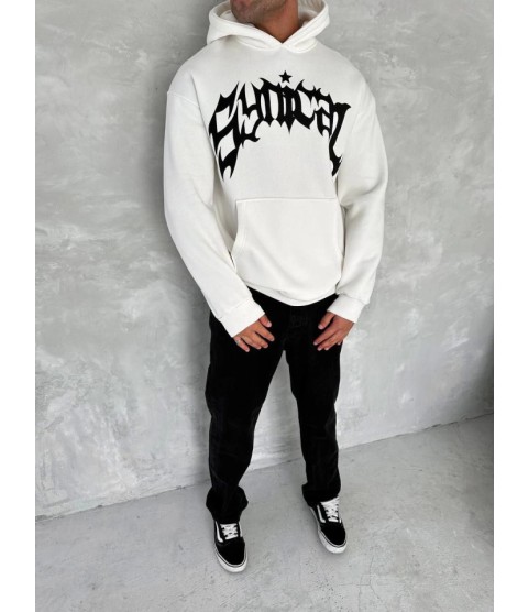 Unisex Üç İplik Kapşonlu Baskılı SweatShirt - Beyaz