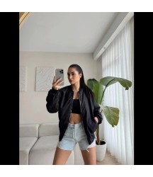 Unisex İçi Astarlı Düz Bomber Ceket - Siyah