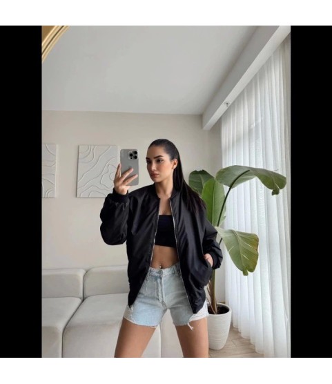 Unisex İçi Astarlı Düz Bomber Ceket - Siyah