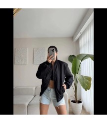 Unisex İçi Astarlı Düz Bomber Ceket - Siyah