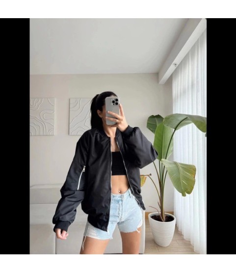 Unisex İçi Astarlı Düz Bomber Ceket - Siyah