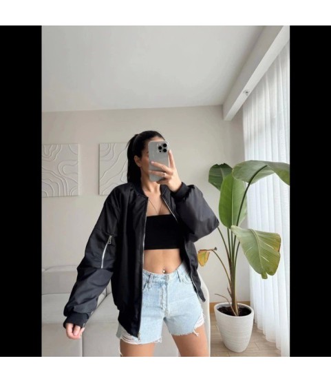 Unisex İçi Astarlı Düz Bomber Ceket - Siyah