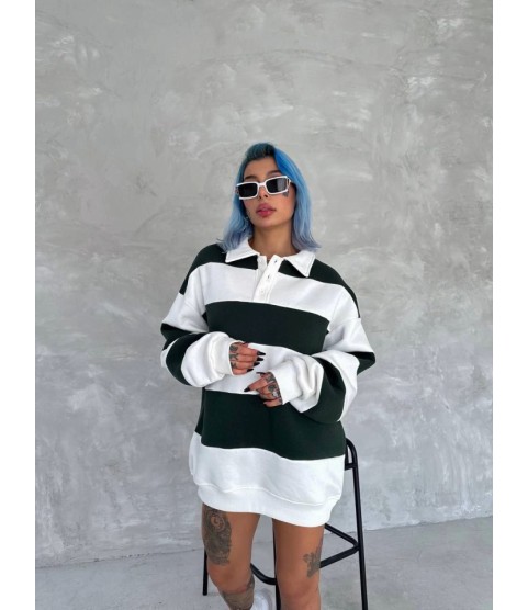 Unisex Üç İplik Parçalı Yakalı SweatShirt - Yeşil