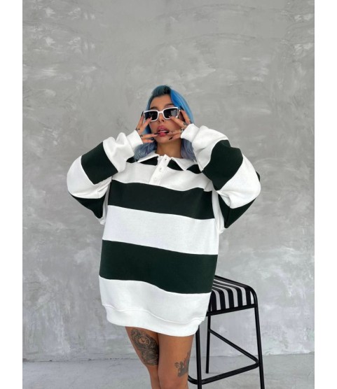 Unisex Üç İplik Parçalı Yakalı SweatShirt - Yeşil