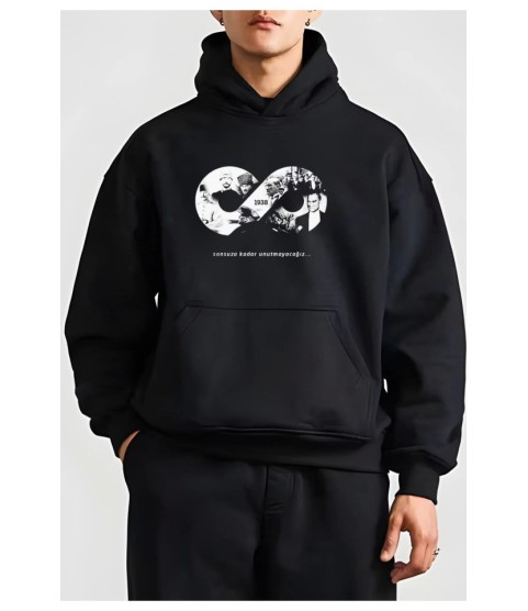 10 Kasıma Özel Üç İplik Kapşonlu Baskılı SweatShirt - Siyah