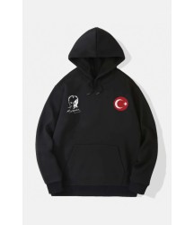 10 Kasıma Özel Üç İplik Kapşonlu Baskılı SweatShirt - Siyah