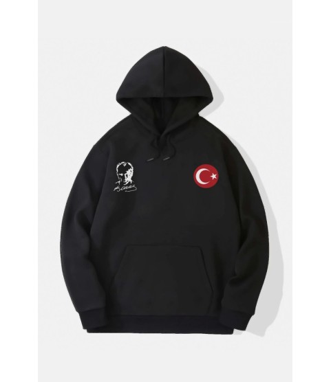 10 Kasıma Özel Üç İplik Kapşonlu Baskılı SweatShirt - Siyah