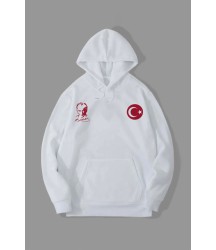10 Kasıma Özel Üç İplik Kapşonlu Baskılı SweatShirt - Beyaz