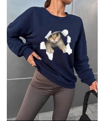 Kadın Uzun Kollu Bisiklet Yaka Kedi Desenli Viskon Iki Iplik Bluz