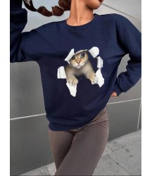 Kadın Uzun Kollu Bisiklet Yaka Kedi Desenli Viskon Iki Iplik Bluz