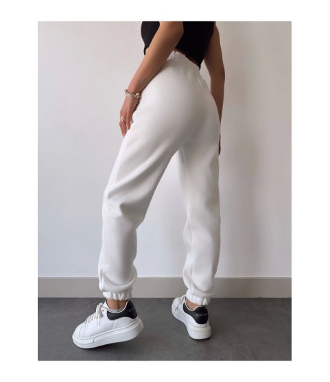 Üç İplik Basic Lastikli Eşofman Pantolon - Beyaz