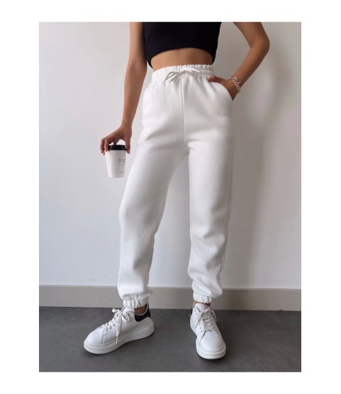 Üç İplik Basic Lastikli Eşofman Pantolon - Beyaz