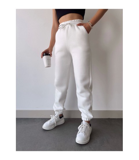 Üç İplik Basic Lastikli Eşofman Pantolon - Beyaz