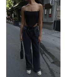 Arkadan Yırtmaçlı Jeans Kot Palazzo Pantolon - Siyah