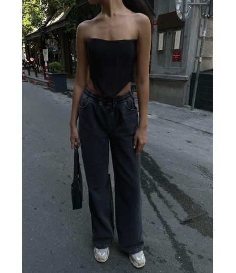 Arkadan Yırtmaçlı Jeans Kot Palazzo Pantolon - Siyah