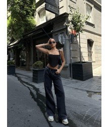Arkadan Yırtmaçlı Jeans Kot Palazzo Pantolon - Siyah