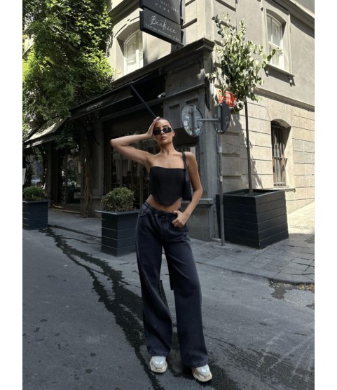 Arkadan Yırtmaçlı Jeans Kot Palazzo Pantolon - Siyah