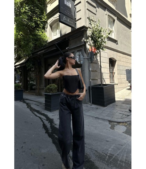 Arkadan Yırtmaçlı Jeans Kot Palazzo Pantolon - Siyah