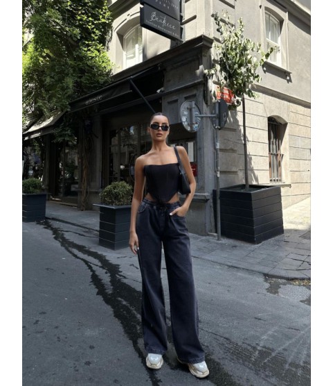 Arkadan Yırtmaçlı Jeans Kot Palazzo Pantolon - Siyah