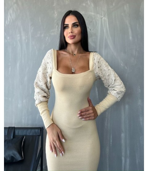 Kadın Kare Yaka Kolları Manşet Ve Dantel Detay Fırsat ürün Midi Boy Elbise
