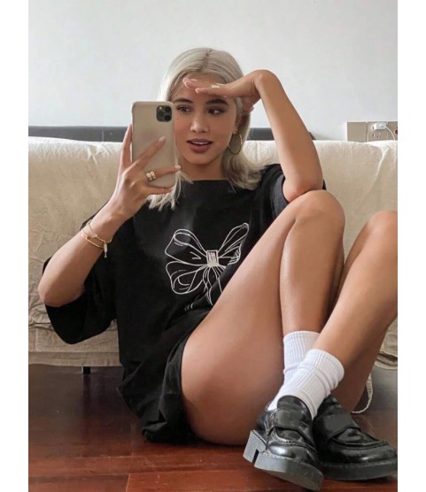 Baskılı Oversize T-shirt - Siyah