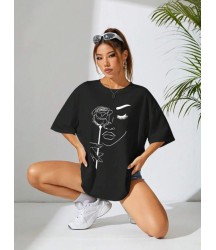 Baskılı Oversize T-shirt - Siyah