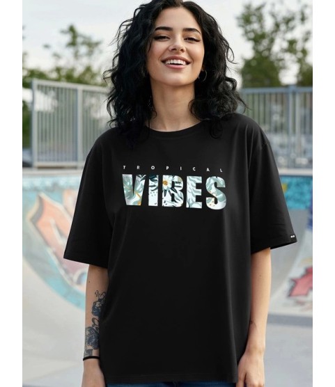 Baskılı Oversize T-shirt - Siyah