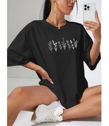 Baskılı Oversize T-shirt - Siyah