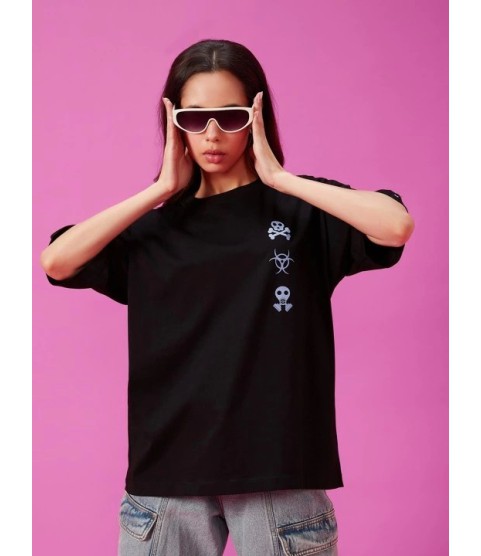 Baskılı Oversize T-shirt - Siyah