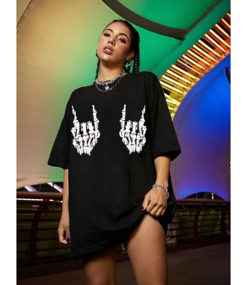 Baskılı Oversize T-shirt - Siyah