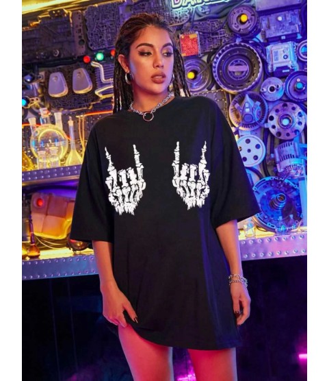 Baskılı Oversize T-shirt - Siyah