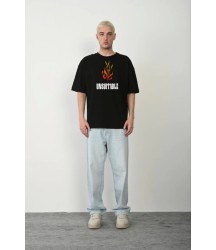 Unisex Bisiklet Yaka Baskılı Oversize T-Shirt - Siyah