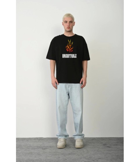 Unisex Bisiklet Yaka Baskılı Oversize T-Shirt - Siyah