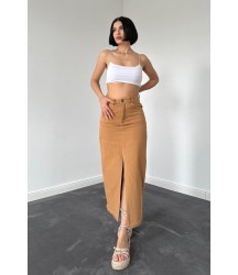 Camel Gabardin Boyamalı Püsküllü Etek