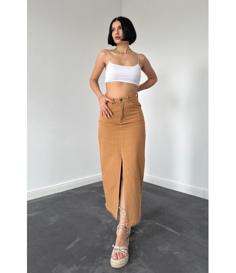 Camel Gabardin Boyamalı Püsküllü Etek