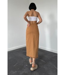 Camel Gabardin Boyamalı Püsküllü Etek