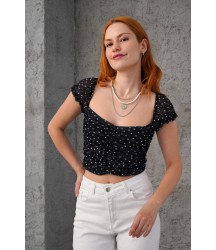 Puantiyeli Belden Oturtmalı Tül Siyah Bluz