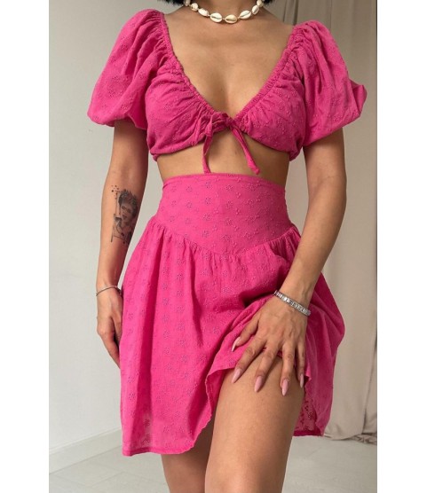 Fuşya Brode Crop Ve Mini Etek Takım