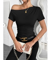 Kadın Kısa Kollu Tek Omuzu Açık Büzgülü Viskon Bluz