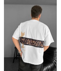 Ön Ve Arka Baskılı Oversize Bisiklet Yaka T-shirt - Beyaz