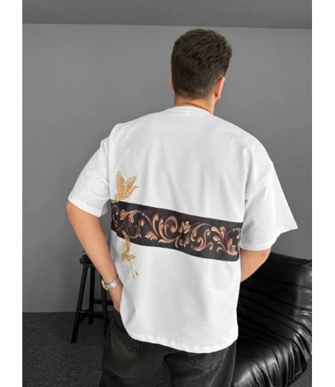 Ön Ve Arka Baskılı Oversize Bisiklet Yaka T-shirt - Beyaz