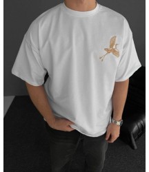 Ön Ve Arka Baskılı Oversize Bisiklet Yaka T-shirt - Beyaz