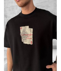 Ön Ve Arka Baskılı Oversize Bisiklet Yaka T-shirt - Siyah