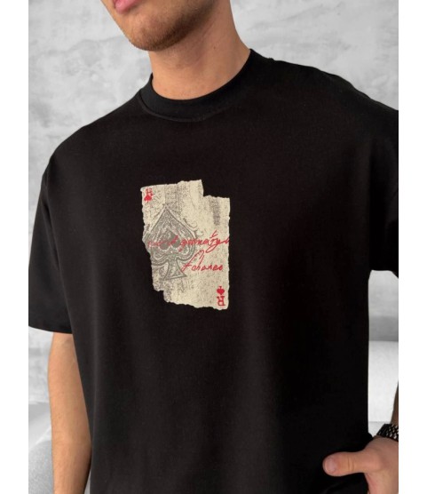 Ön Ve Arka Baskılı Oversize Bisiklet Yaka T-shirt - Siyah