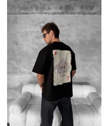 Ön Ve Arka Baskılı Oversize Bisiklet Yaka T-shirt - Siyah