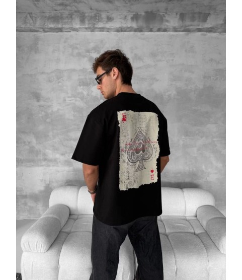 Ön Ve Arka Baskılı Oversize Bisiklet Yaka T-shirt - Siyah